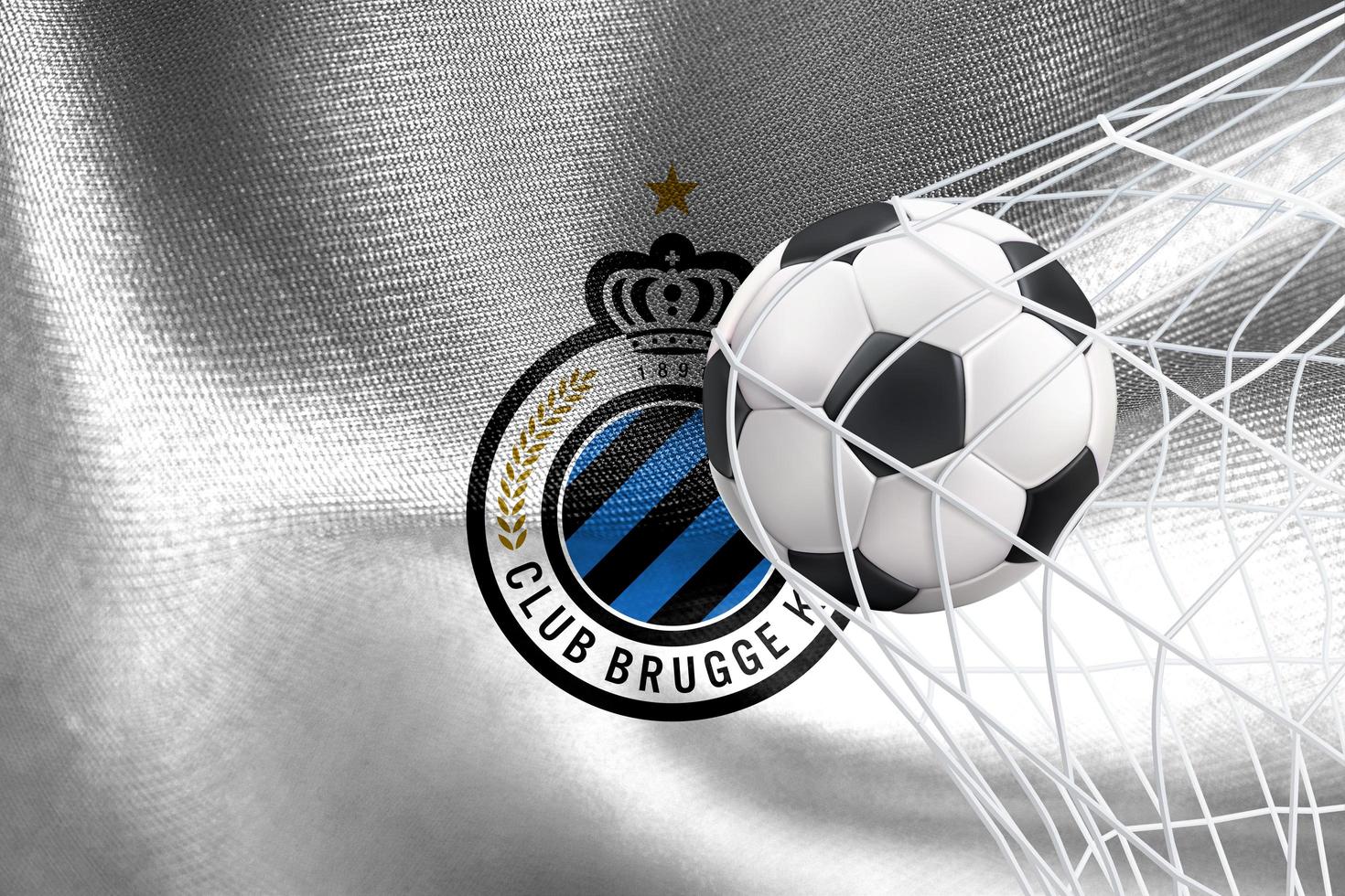 uefa campioni lega 2023, club brugge kv bandiera con un' calcio palla nel rete, uefa sfondo, 3d opera e 3d Immagine. Yerevan, Armenia - 2023 gennaio 27 foto