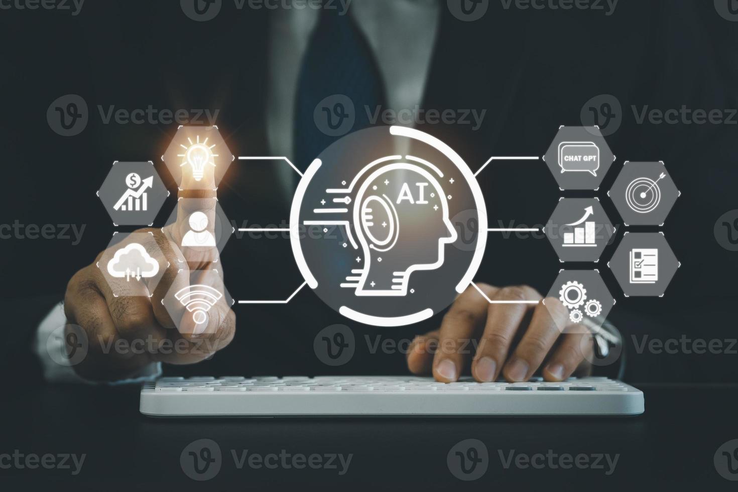 attività commerciale uomo punto dito toccare virtuale schermo con digitale chatbot, Chiacchierare gpt e uso il computer portatile tastiera del computer, robot applicazione, conversazione assistente, ai artificiale intelligenza concetto, digitale chatbot. foto