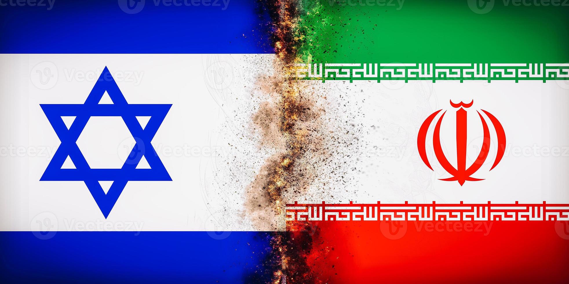bandiere di Israele e mi sono imbattuto bandiera diviso di Fumo e fuoco. Il prossimo punto d'infiammabilità nel il mezzo est guerra concetto foto