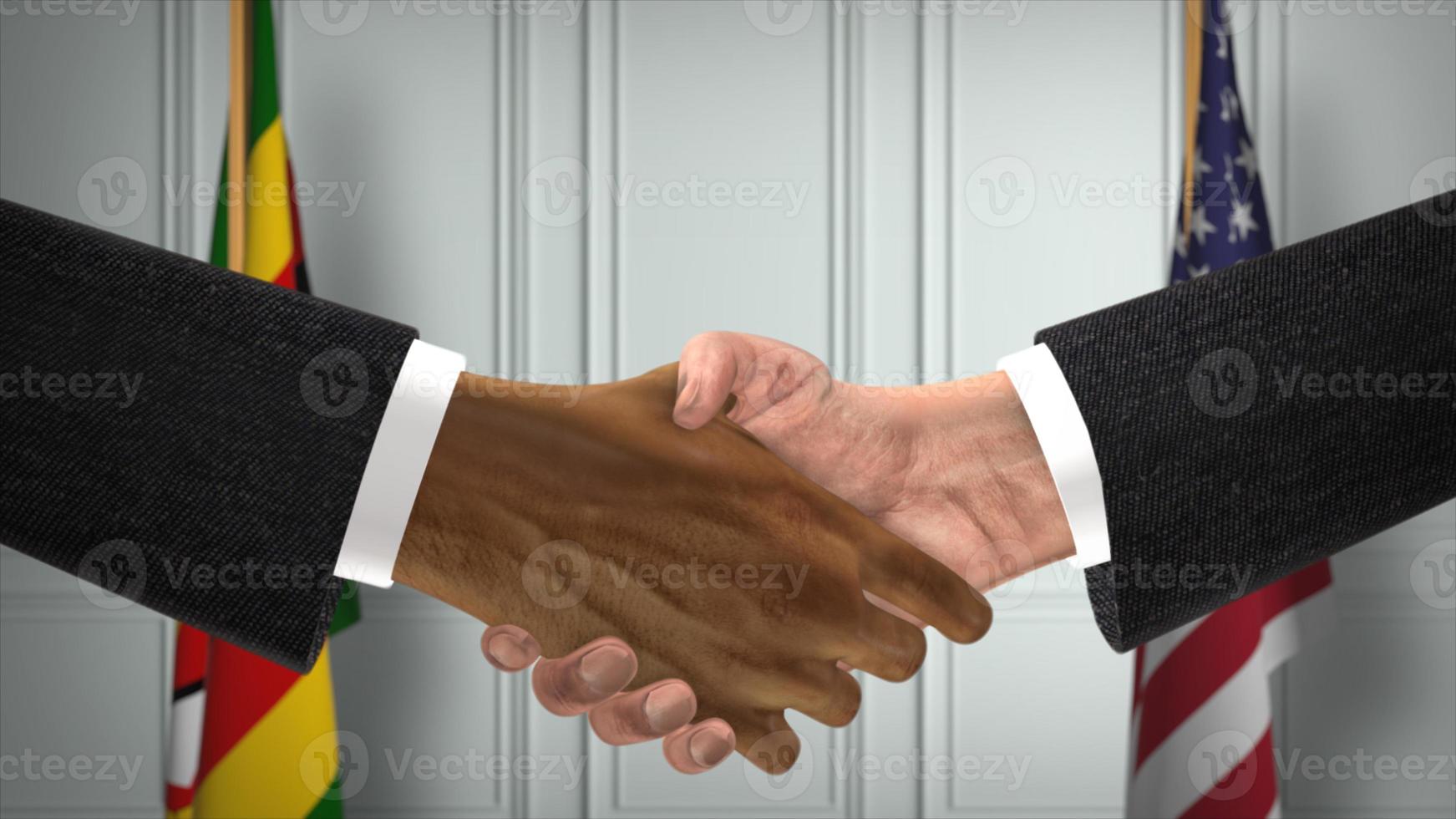 Zimbabwe e Stati Uniti d'America associazione attività commerciale affare. nazionale governo bandiere. ufficiale diplomazia stretta di mano 3d illustrazione. accordo uomo d'affari shake mani foto