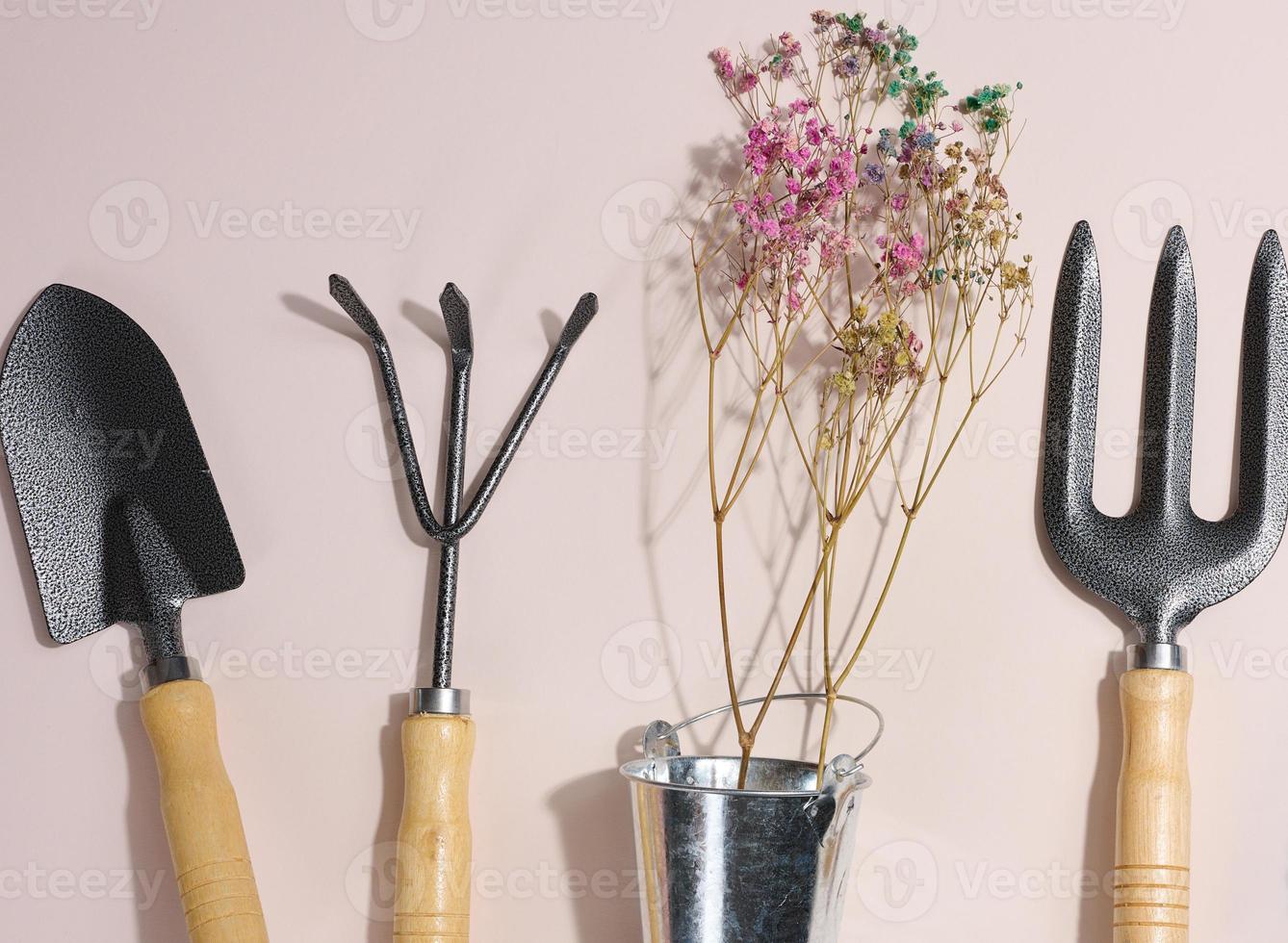 giardino utensili per in lavorazione letti nel il giardino su un' beige sfondo foto