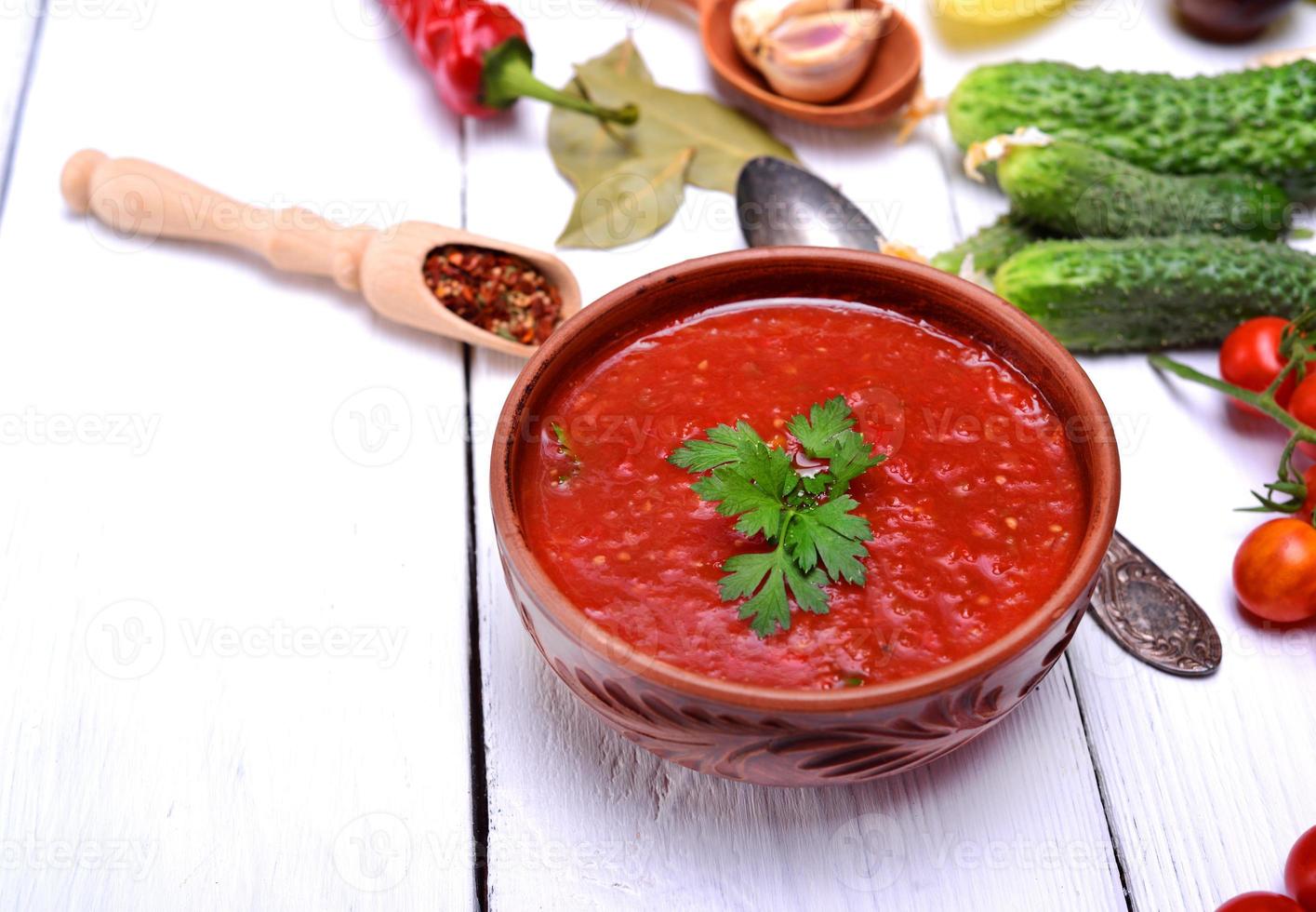 freddo Gazpacho la minestra nel un' Marrone ceramica piatto foto