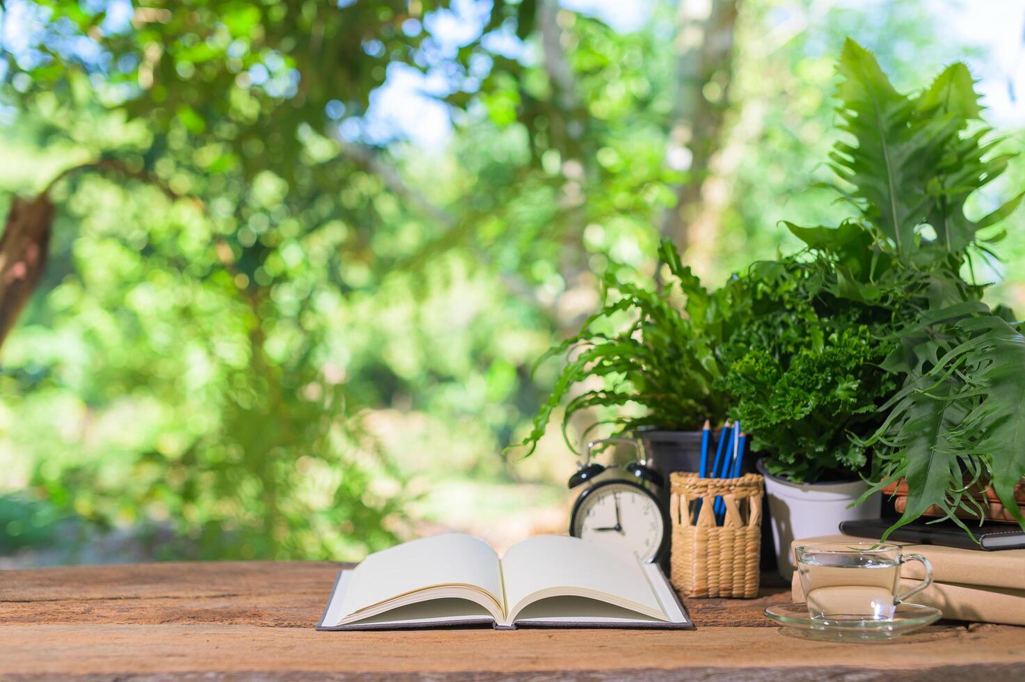 libri e sveglia sulla scrivania foto