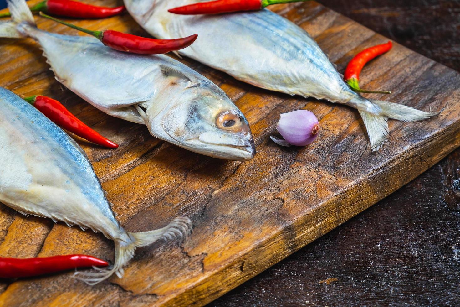 pesce sgombro sul tagliere di legno foto