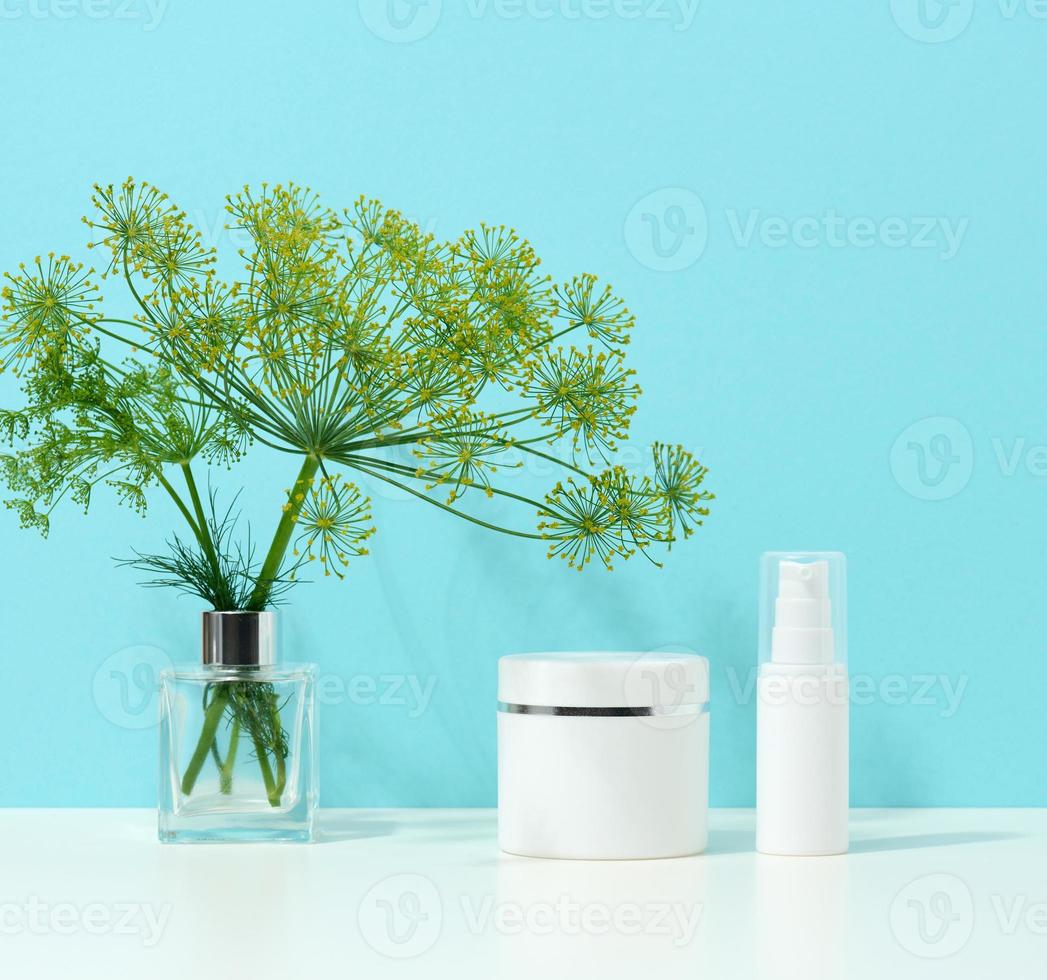 vuoto bianca plastica tubo e vaso per cosmetici. confezione per crema, gel, siero, pubblicità e Prodotto promozione, finto su foto