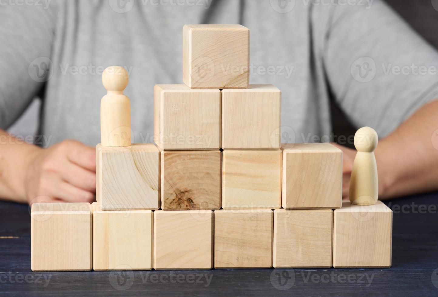 piramidi a partire dal di legno cubi e figurine di uomini su il tavolo. il concetto di raggiungimento obiettivi, in movimento su il carriera scala a pioli. rivelazione di risoluto personalità foto