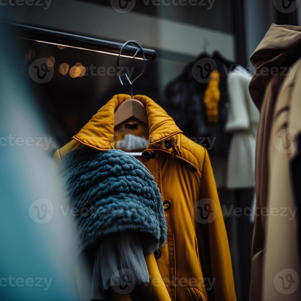 foto negozio per vestiti, vestiti negozio su appendiabiti a il moderno negozio boutique