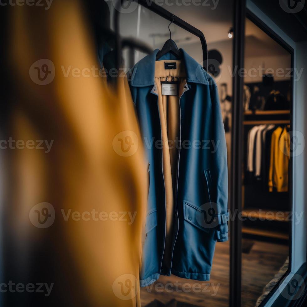 foto negozio per vestiti, vestiti negozio su appendiabiti a il moderno negozio boutique