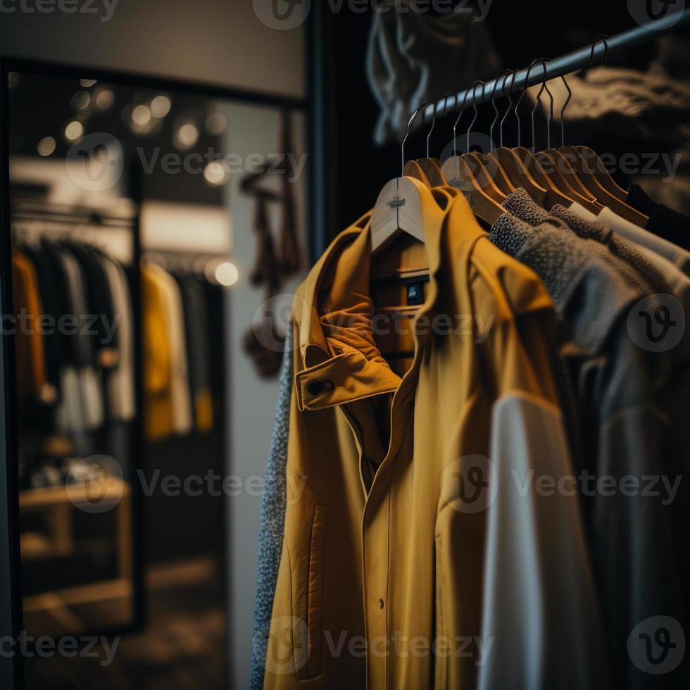 foto negozio per vestiti, vestiti negozio su appendiabiti a il moderno negozio boutique