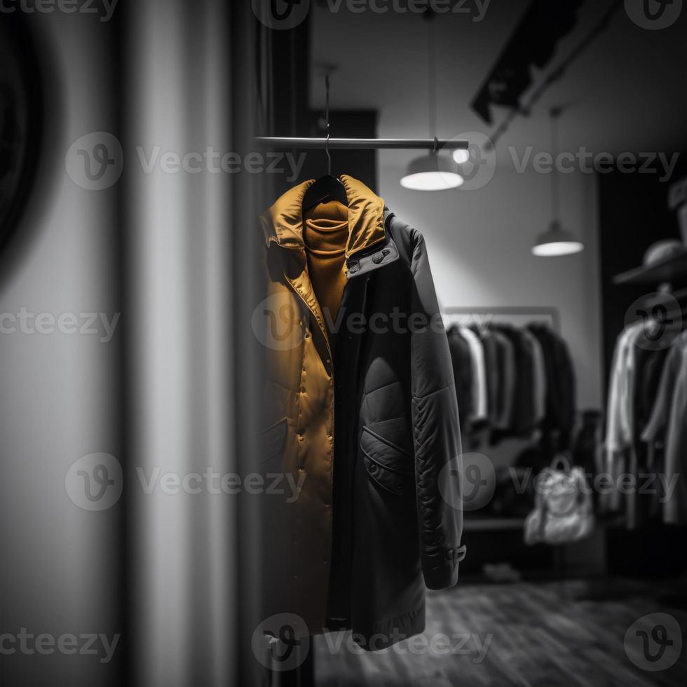 foto negozio per vestiti, vestiti negozio su appendiabiti a il moderno negozio boutique