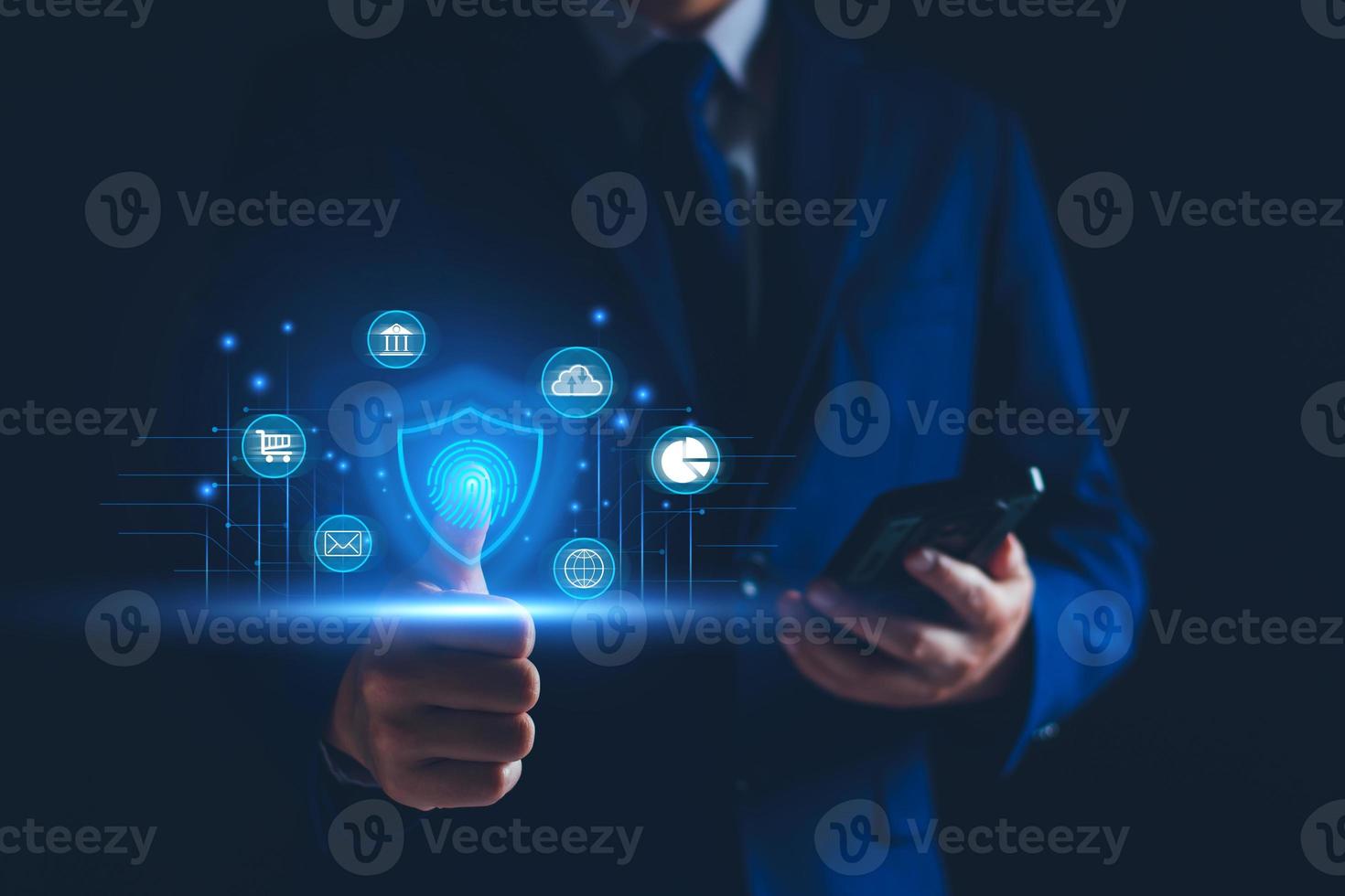 informatica sicurezza concetto. utente vita privata sicurezza e crittografia, sicuro Internet accesso futuro tecnologia e cibernetica, schermo lucchetto, biotico accesso tecnologia impronta digitale scansione. vita privata protezione foto