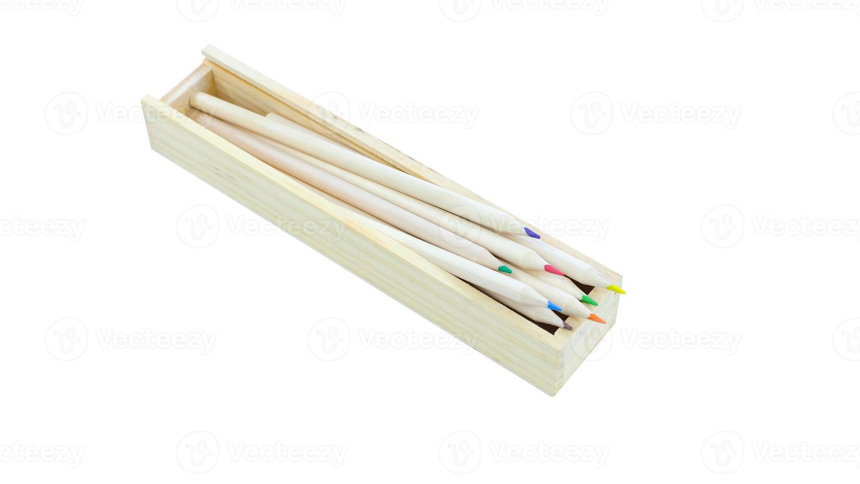 di legno matita Astuccio scatola e colore matite isolato su bianca sfondo, ufficio forniture, pastelli, cancelleria foto