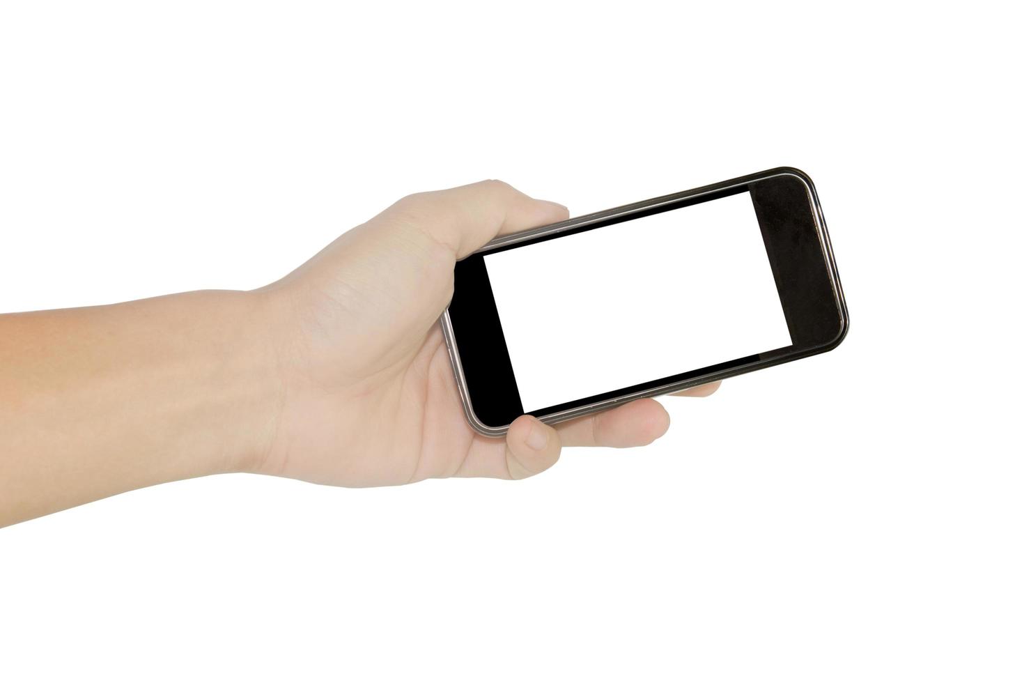 mano che tiene smart phone su sfondo bianco foto