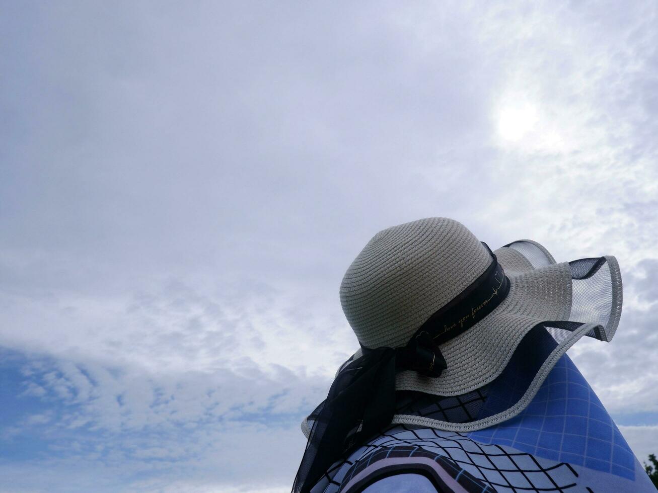 il indietro di il donna nel il blu cappello chi era guardare su a il blu cielo. cielo Visualizza foto