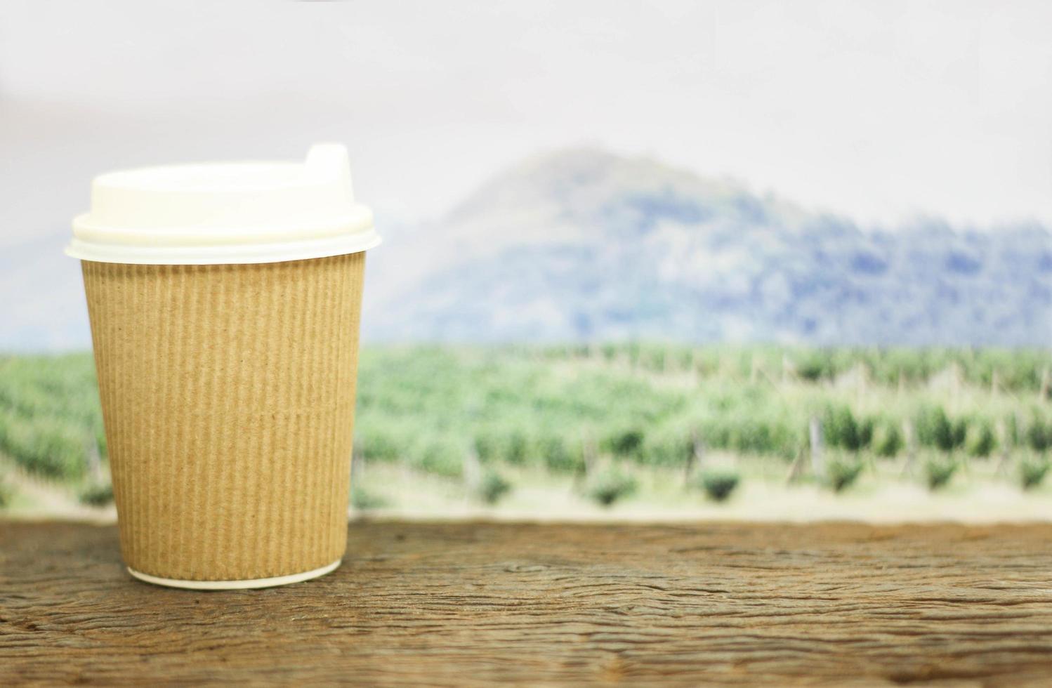 tazza di caffè davanti al campo foto