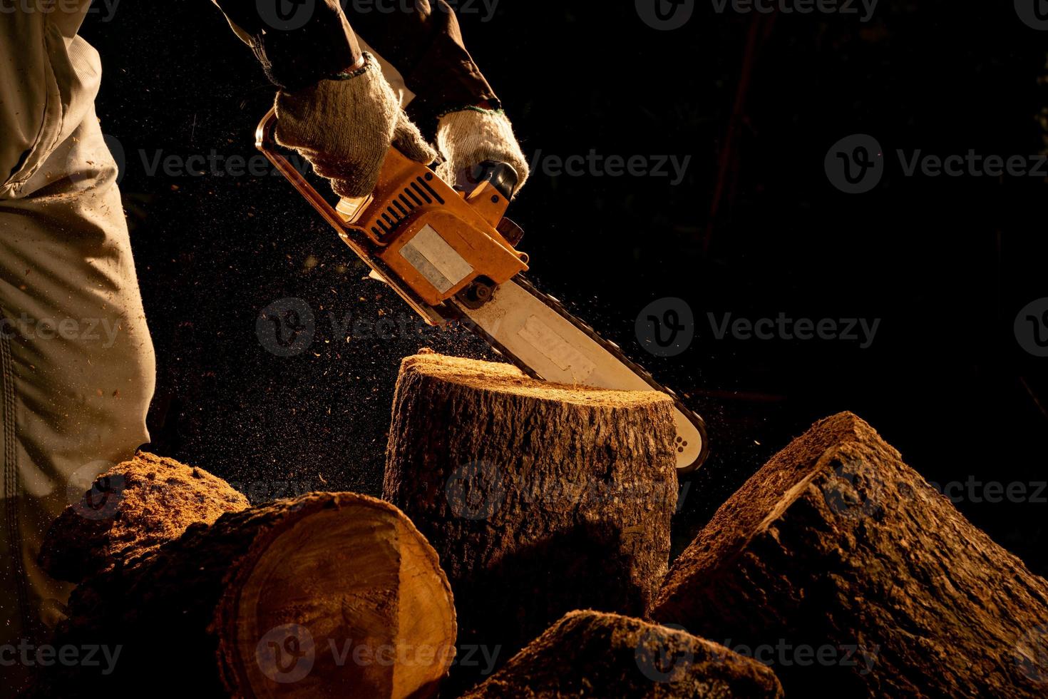 elettrico motoseghe tagliare alberi nel il foresta per edificio un' Casa e fabbricazione legna da ardere il concetto di la deforestazione foto