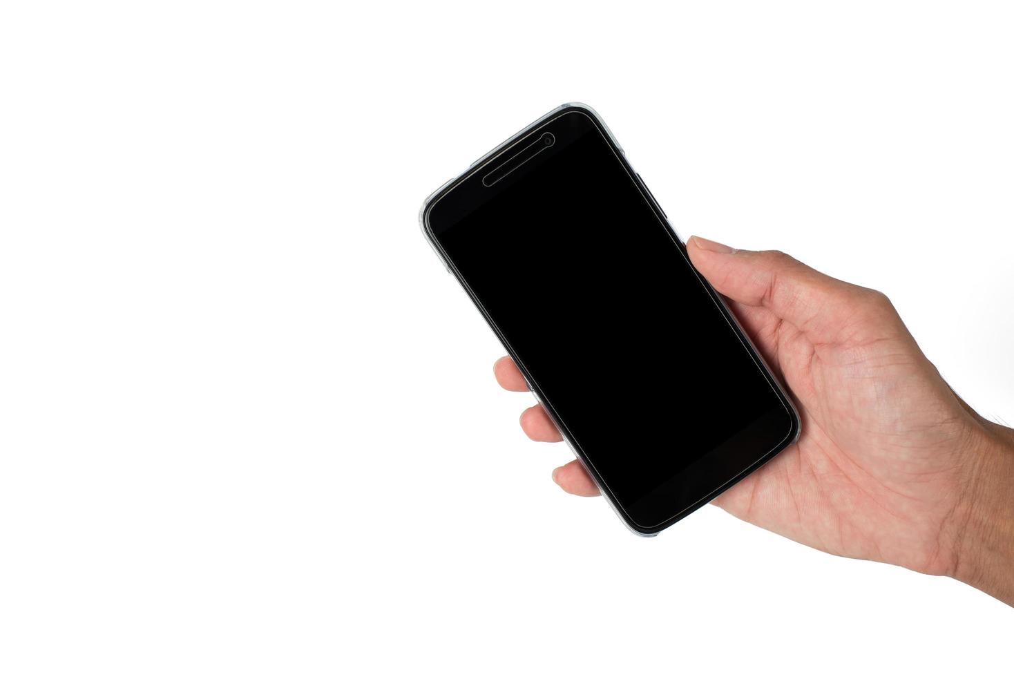 isolato mano Tenere smartphone su bianca sfondo foto