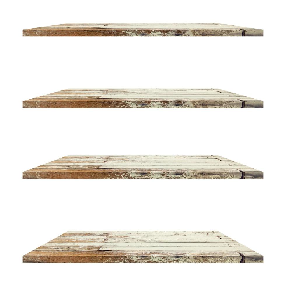 4 vecchio legna scaffali tavolo isolato su bianca sfondo e Schermo montaggio per Prodotto. foto