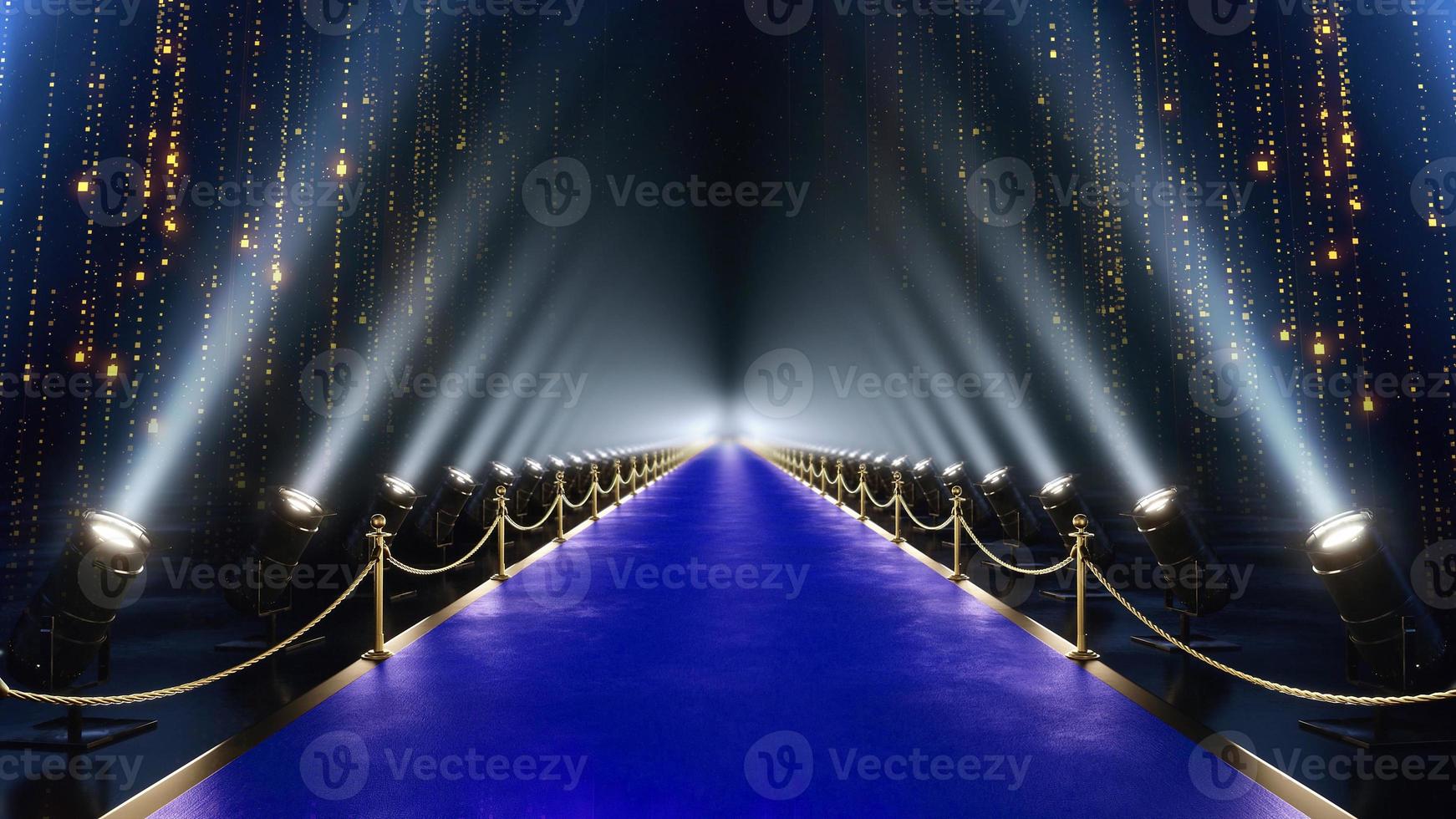 3d illustrazione di lusso moderno blu tappeto iscrizione con individuare luci d'oro caduta particelle bagliore per mostrare riconoscimento premio notte. moda evento notte concerto celebrità paparazzi nozze cerimonia foto