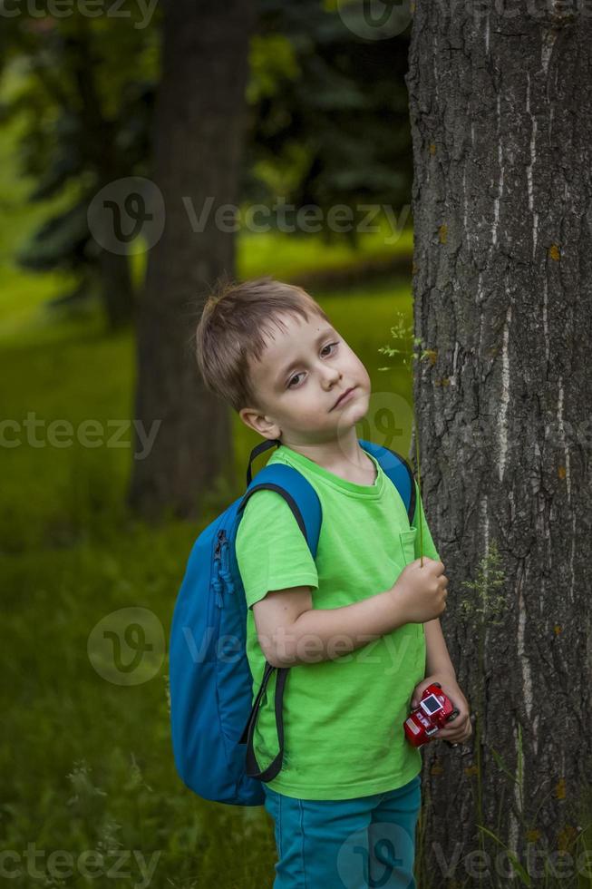 ritratto di un' bambino, un' ragazzo contro il sfondo di impianti nel un aria aperta parco. figli, viaggio. stile di vita nel il città. centro, strade. foto