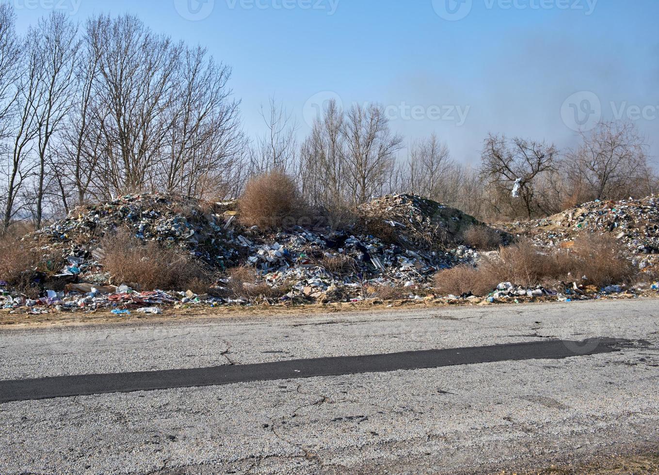 non autorizzato spazzatura cumulo di rifiuti lungo il strada foto