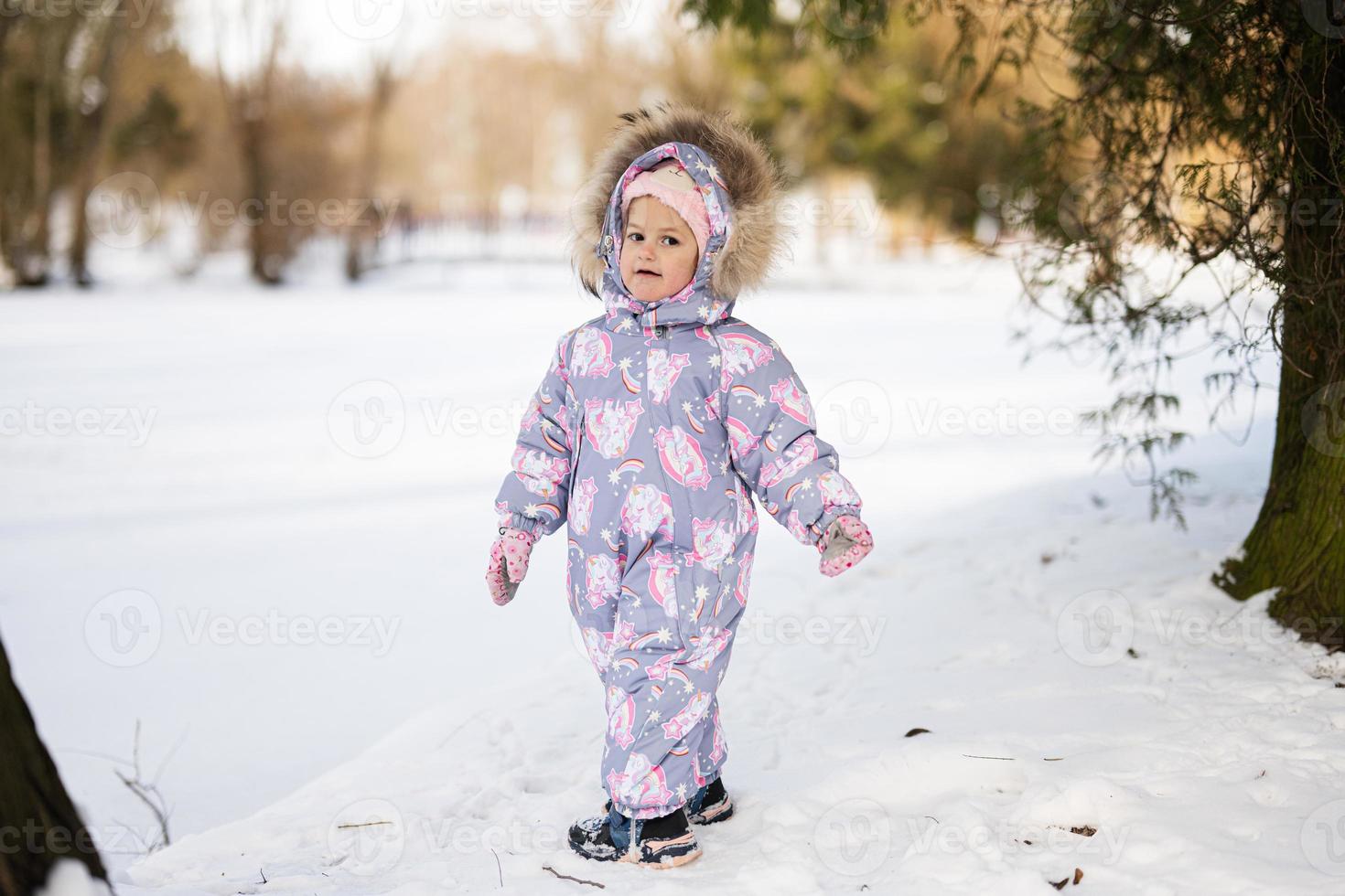 bambino ragazza indossare bambino tuta da neve su un' soleggiato gelido inverno giorno. foto