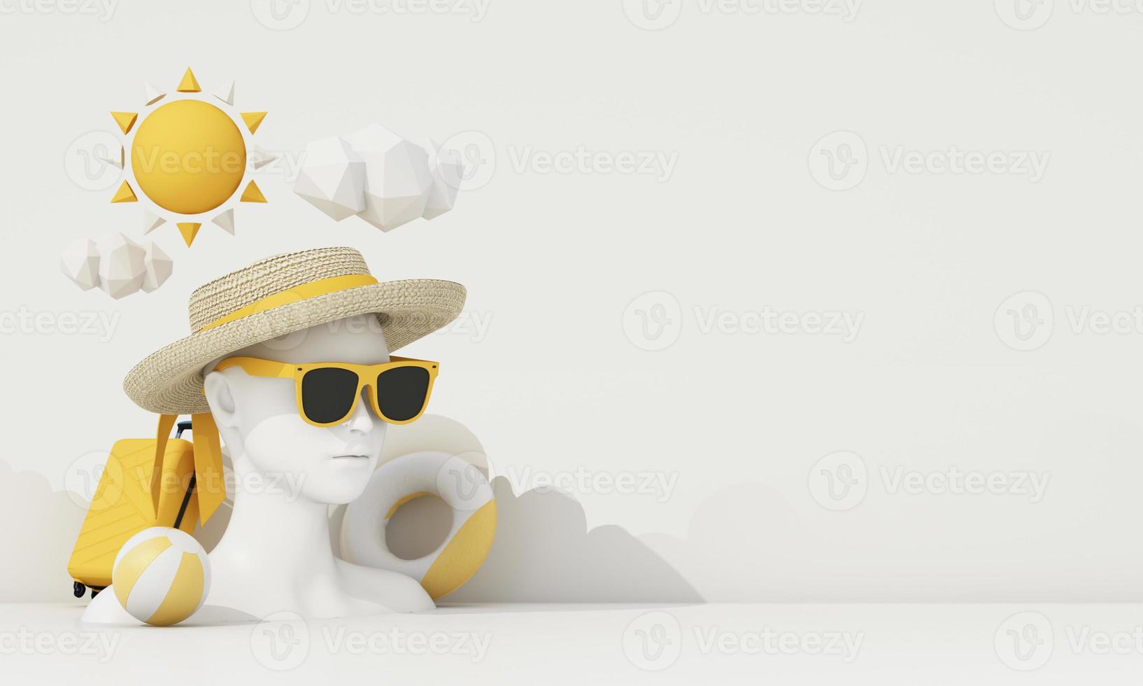 estate vacanza concetto con occhiali da sole e valigia con nuvole nel il sfondo lungo astratto donne viso modello, moda Abiti, costumi da bagno con copia spazio bandiera Prodotto In piedi Schermo. 3d interpretazione foto