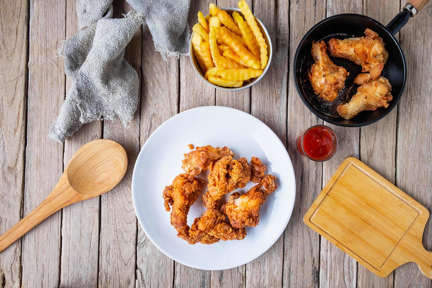 pollo fritto su un piatto e una padella foto