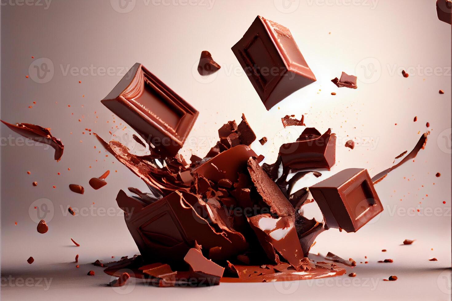 volante pezzi di schiacciato cioccolato pezzi con liquide cioccolato San Valentino giorno 3d e illustrazioni foto