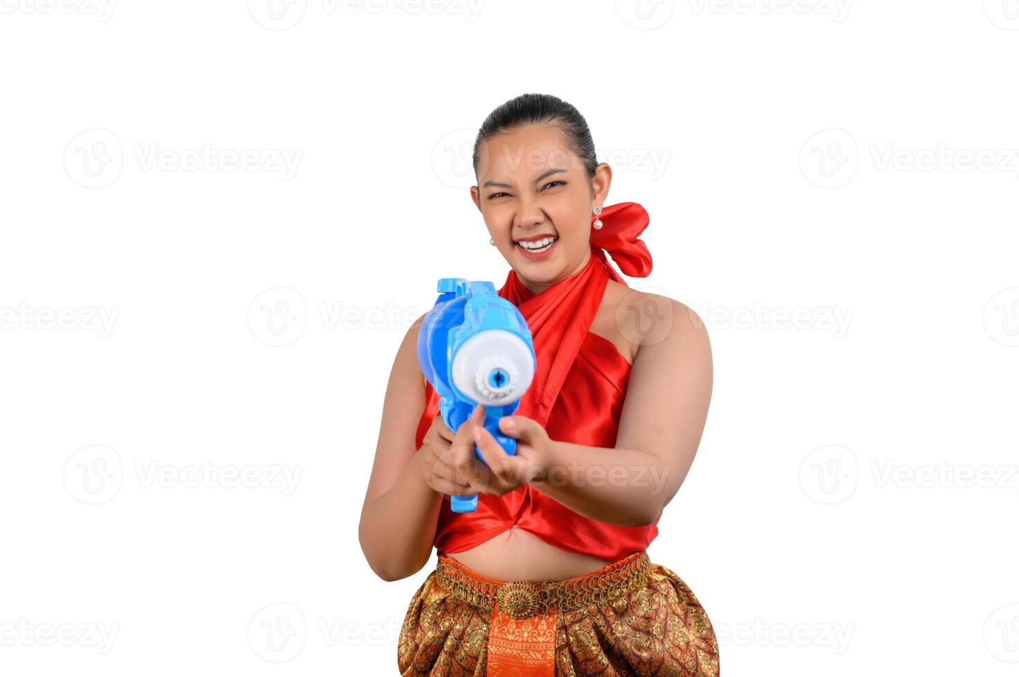 ritratto bellissimo donna nel Songkran Festival con acqua pistola foto