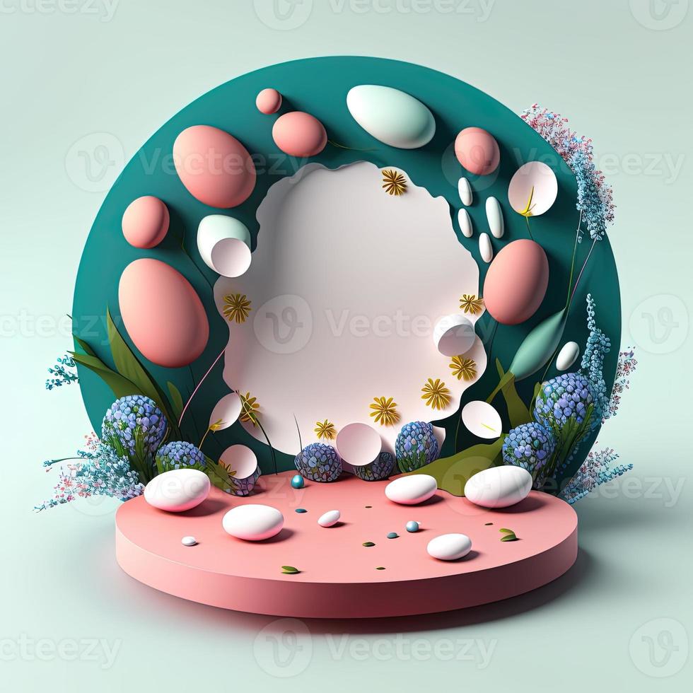 illustrazione di un' podio con uova, fiori, e le foglie ornamenti per Prodotto Schermo foto