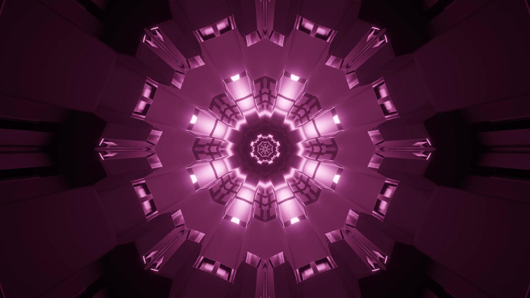 illustrazione 3d caleidoscopio di luci e forme viola e bianche per sfondo o carta da parati foto
