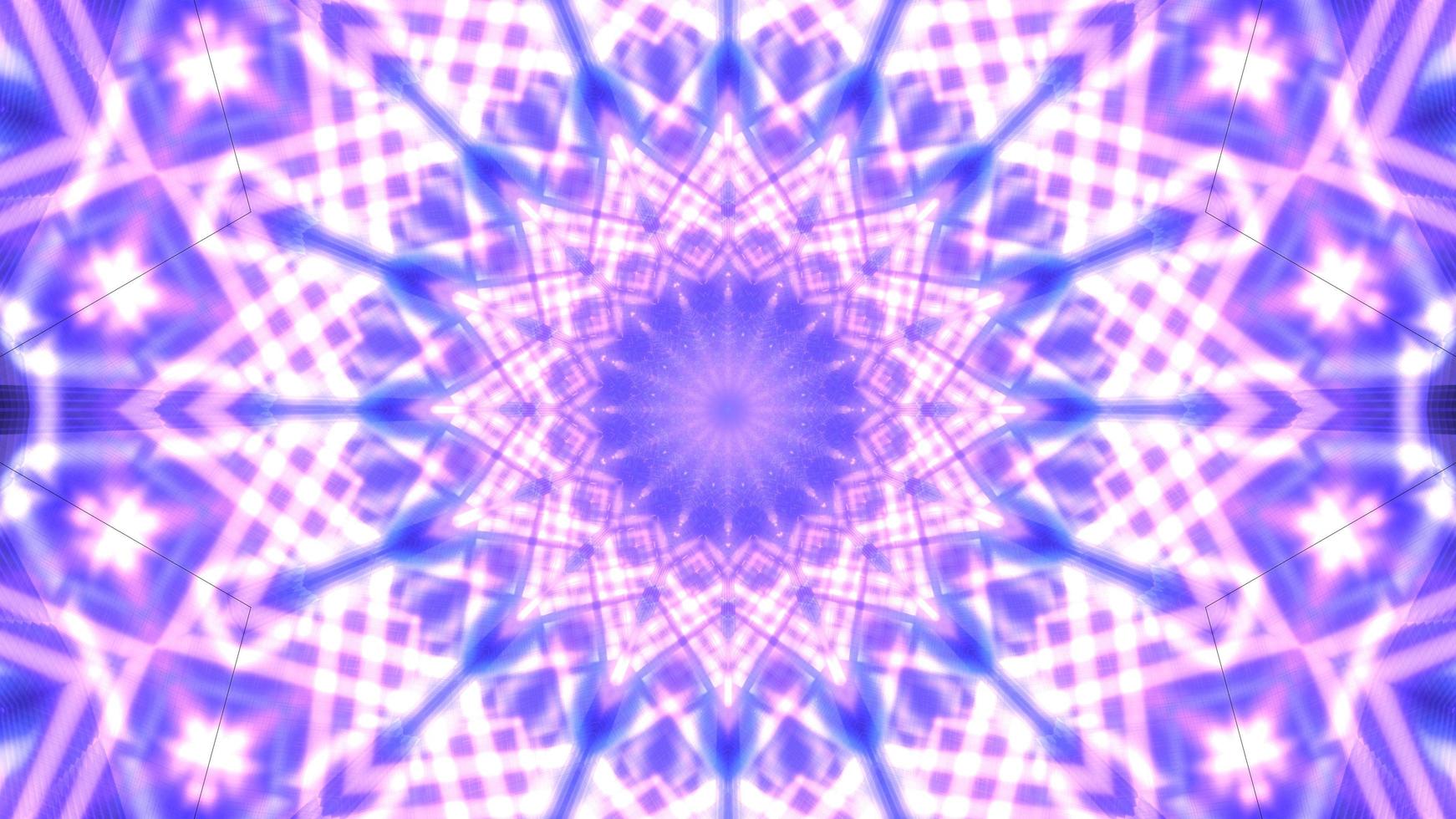 illustrazione 3d caleidoscopio di luci e forme viola, blu e bianche per sfondo o carta da parati foto