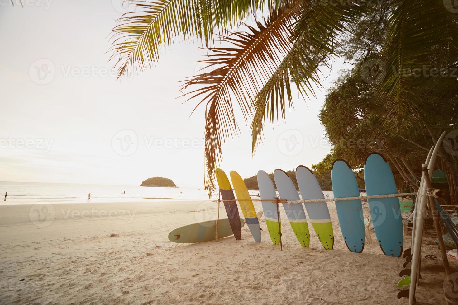 tavole da surf ambientazione palma albero su spiaggia nuvole cielo su estate vacanza soleggiato. foto