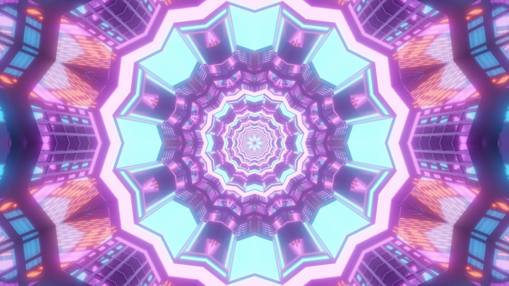 illustrazione 3d caleidoscopio di forme e luci blu, rosa, viola e bianche per sfondo o sfondo foto