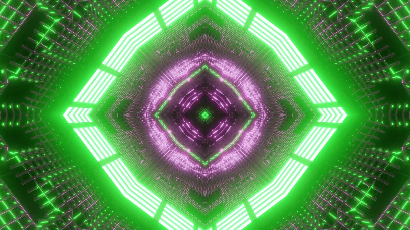 illustrazione 3d caleidoscopio di luci e forme verdi, viola e bianche per lo sfondo o lo sfondo foto