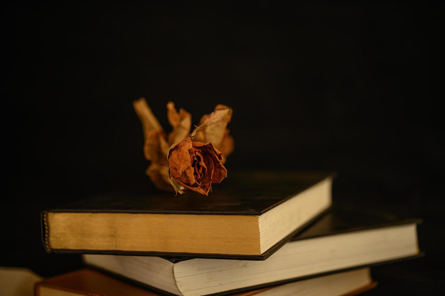 natura morta con libri a forma di cuore e fiori secchi foto