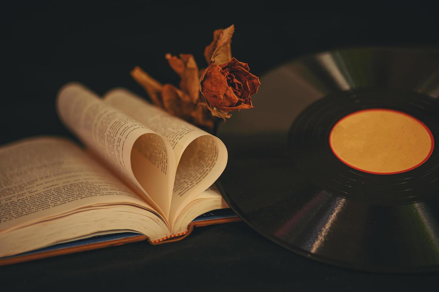 natura morta con libri a forma di cuore, fiori secchi e vecchi cd foto