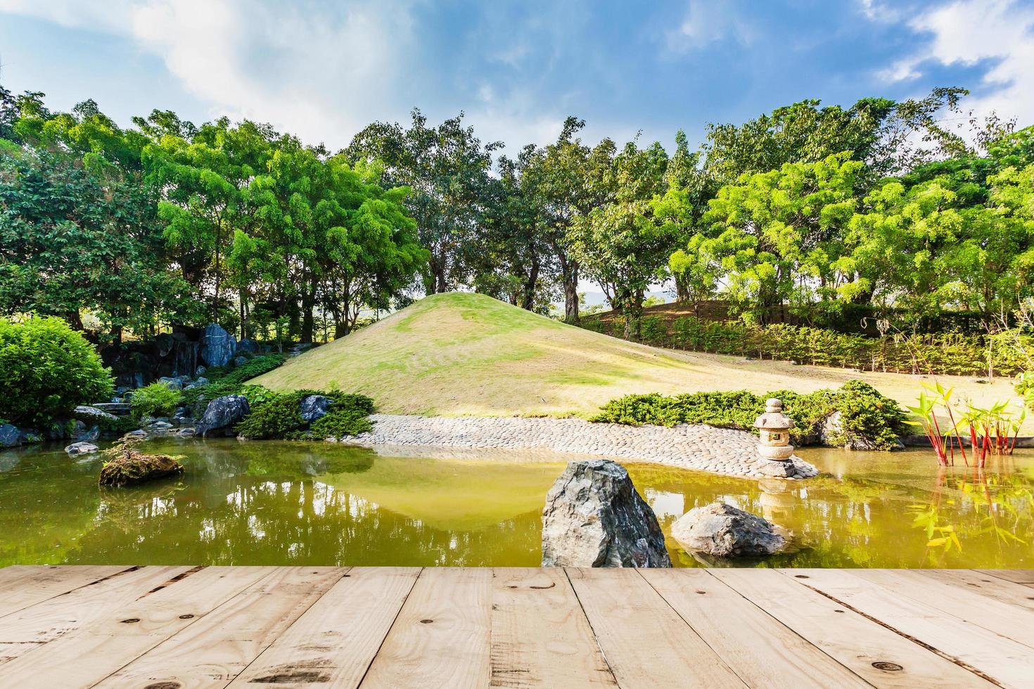 legna pavimento su stagno e acqua paesaggio nel giapponese giardino foto