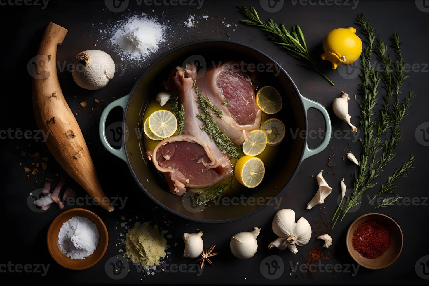 ingredienti per arrostito Maiale nocca nel casseruola con spezie foto