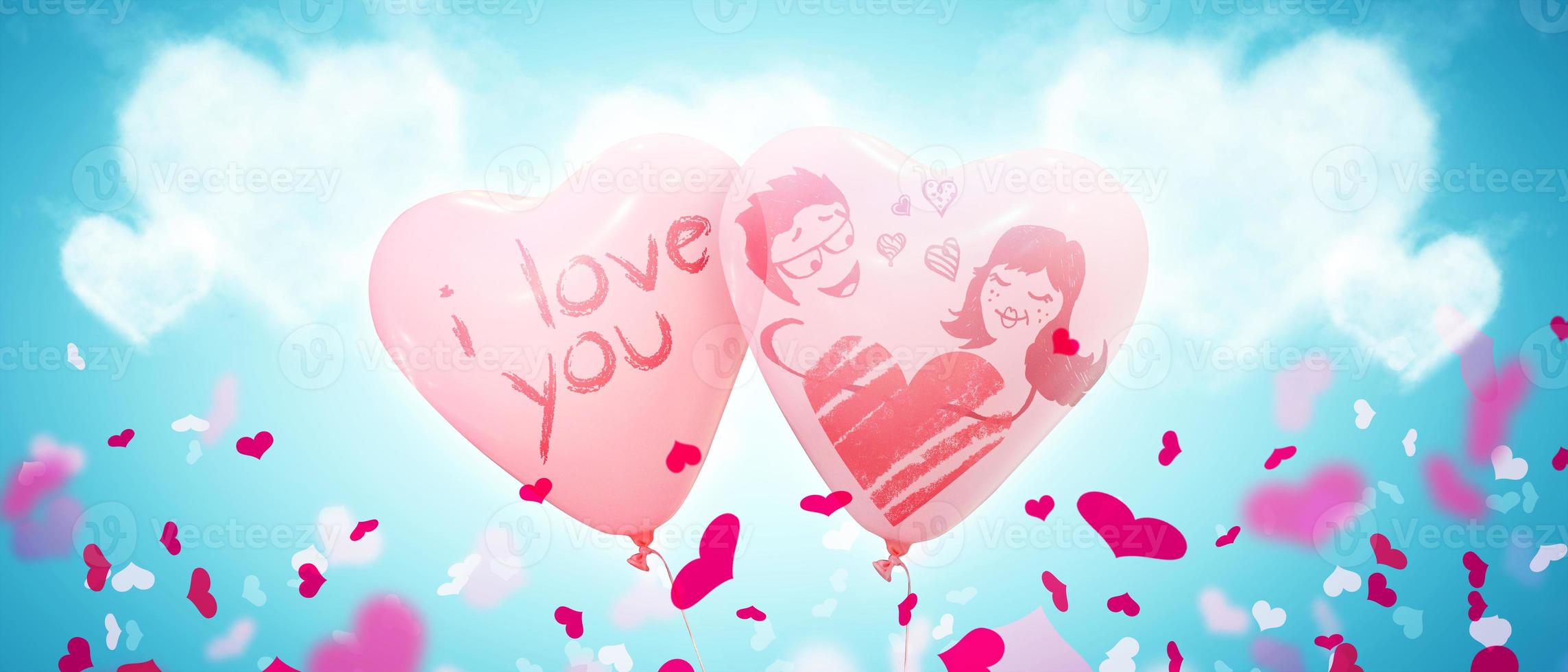 buon San Valentino. sfondo di congratulazioni con mongolfiera a forma di cuore. illustrazione 3d foto