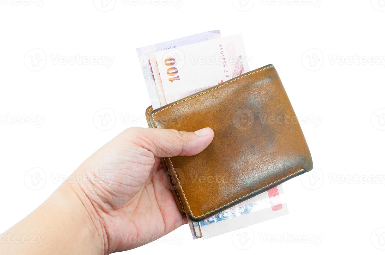 mano uomini hold portafoglio i soldi su bianca sfondo , Tailandia banconote foto