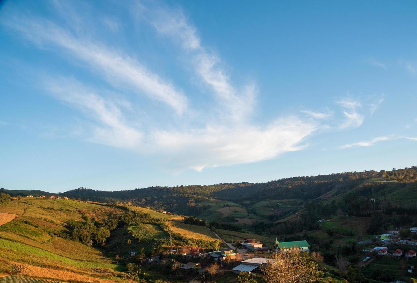 atmosfera lungo sporco strada rurale quello viaggio attraverso vario villaggio rurale Tailandia passaggio attraverso foresta prati e montagna chiaro giorno blu cielo bianca nube nel estate adatto guida foto