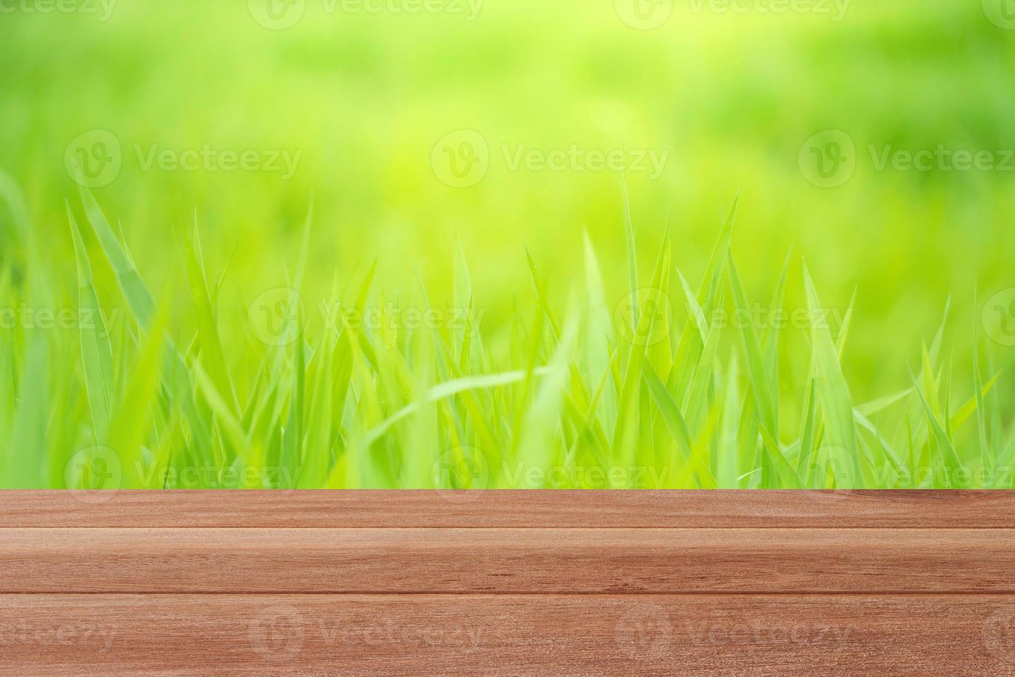 piano del tavolo in legno con sfondo verde sfocato per la visualizzazione foto