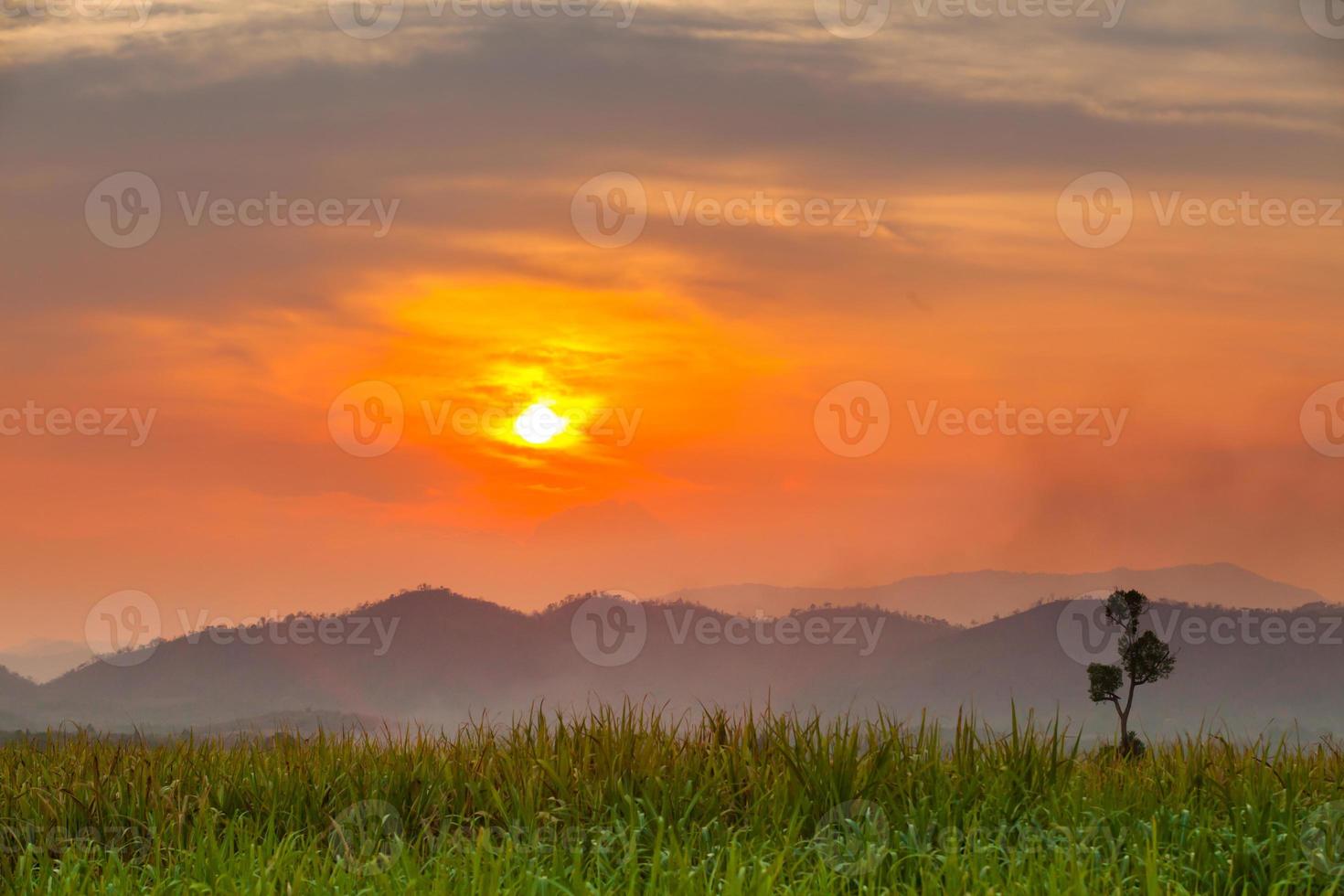 tramonto arancione sulle montagne e un campo verde foto
