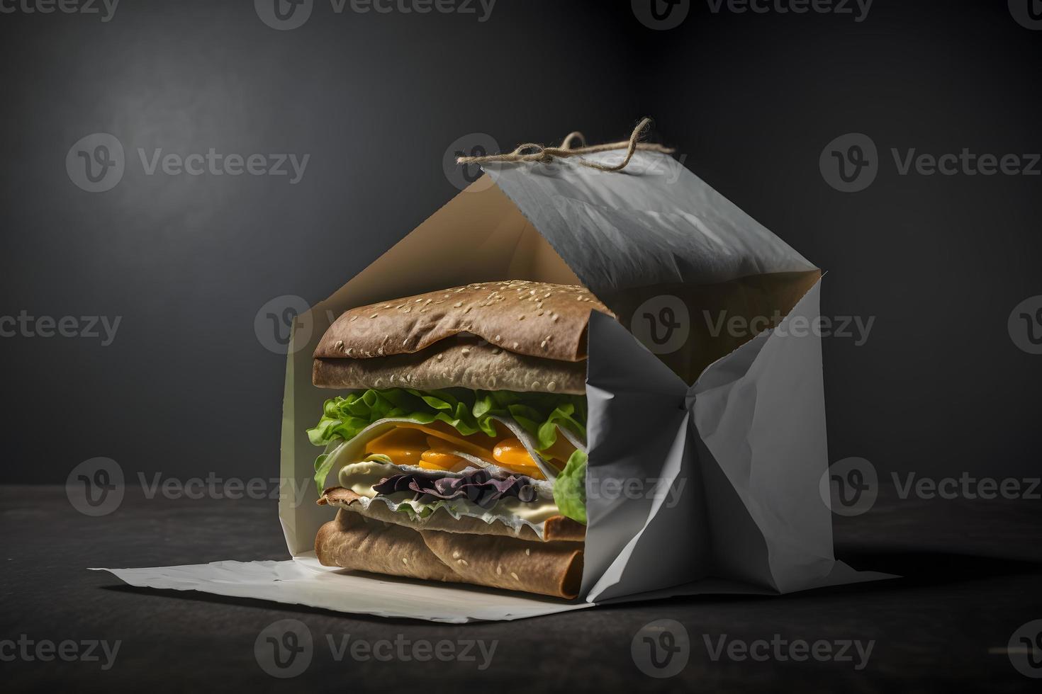 fatti in casa prendere lontano Sandwich confezionato nel un' grigio carta cibo fotografia foto