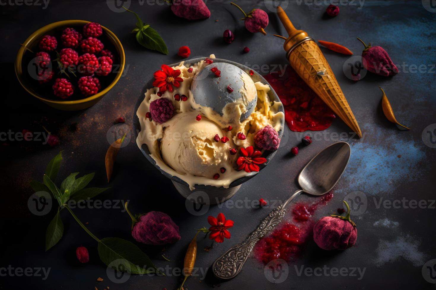 freddo e speziato ghiaccio crema con peperoncino e frutti di bosco fotografia foto