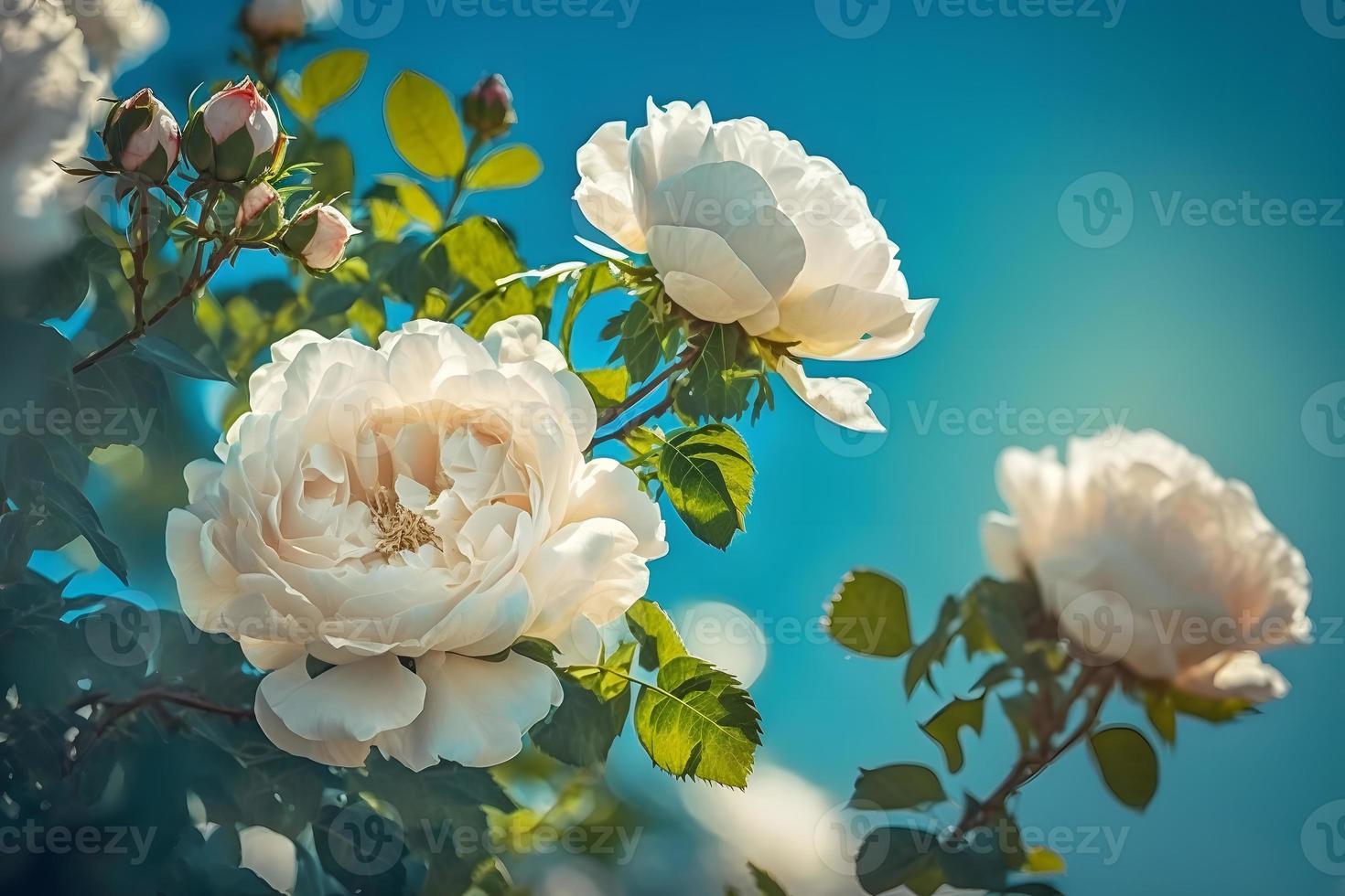 bianca cespuglio Rose su un' sfondo di blu cielo nel il luce del sole. bellissimo primavera o estate floreale sfondo foto