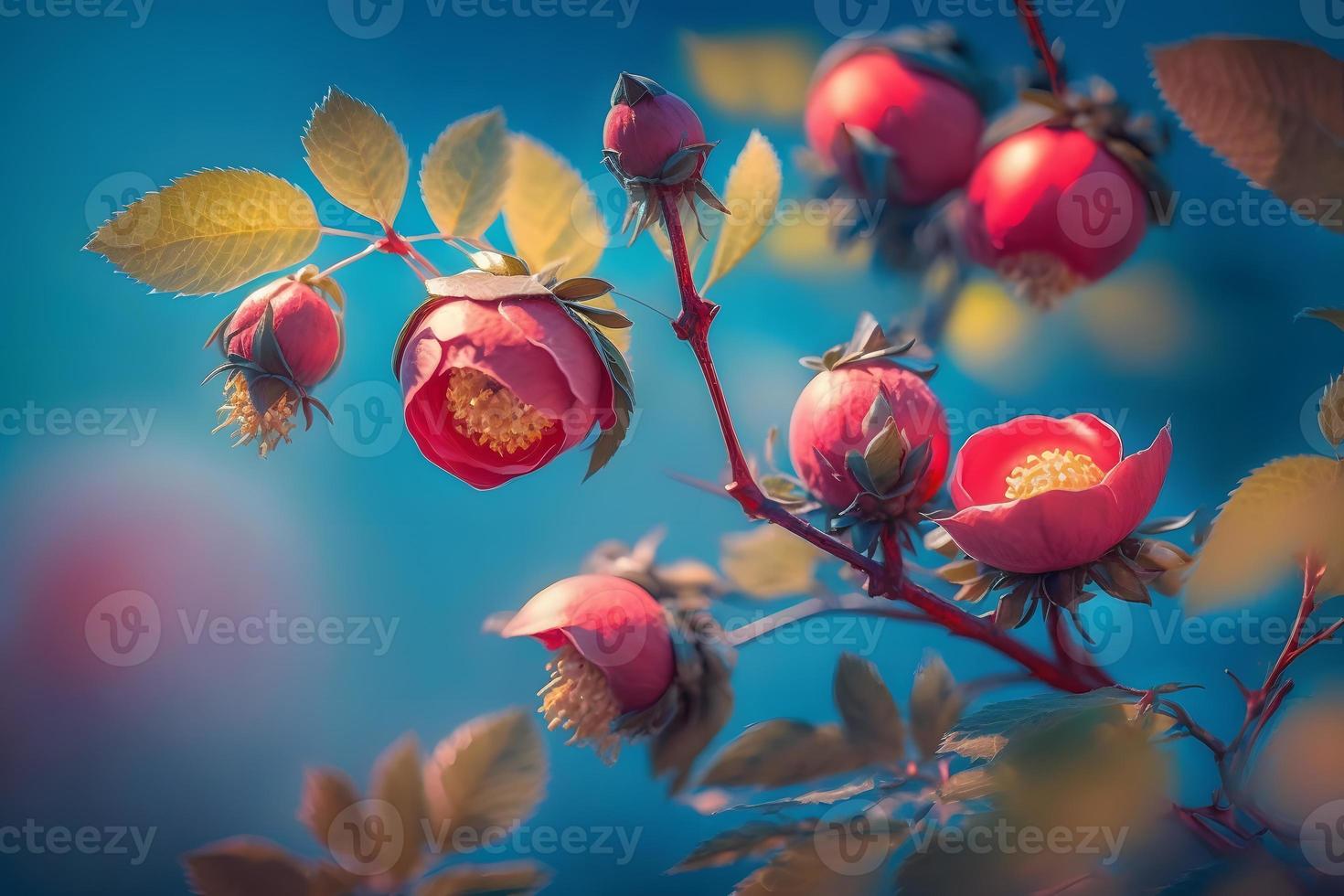 bellissimo primavera confine, fioritura rosa cespuglio su un' blu sfondo. fioritura rosa fianchi contro il blu cielo foto