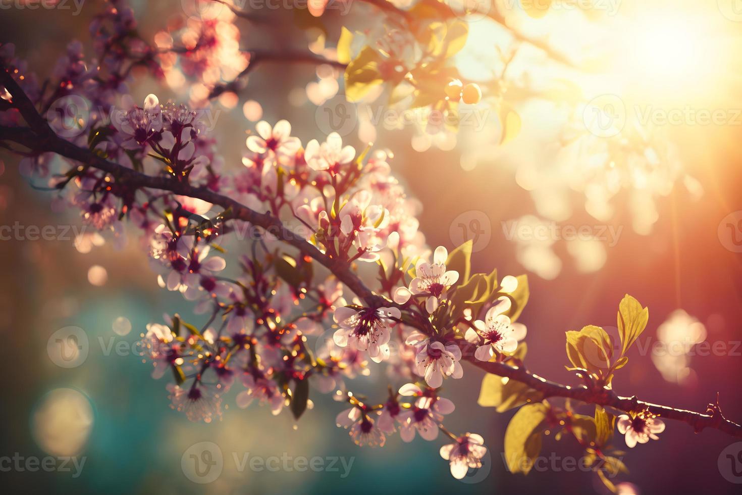 primavera fiorire sfondo. natura scena con fioritura albero e sole bagliore. primavera fiori. bellissimo frutteto fotografia foto